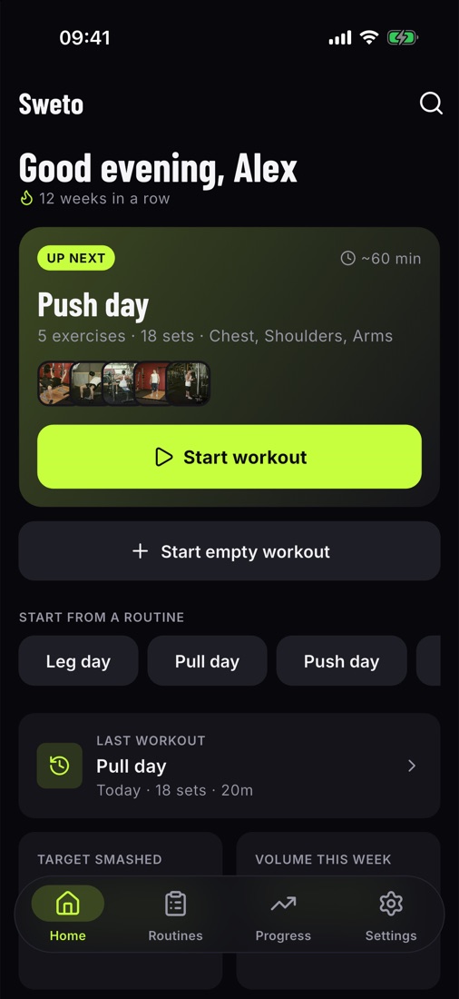 Sweto home screen with the next workout, Push day, ready to start