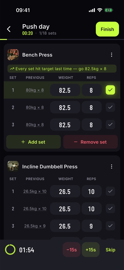 Active workout with a completed set and the rest timer running